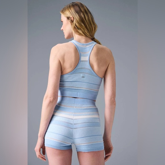 Alo Yoga Sport Play Knit Bra Seashell Blue Ivory High Neck Stretch Crop Top Med - Picture 4 of 8